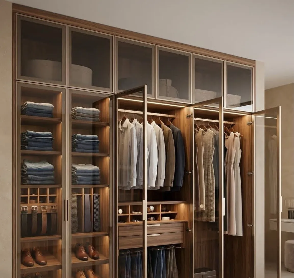 Design render of a walnut walk-in wardrobe with glass doors