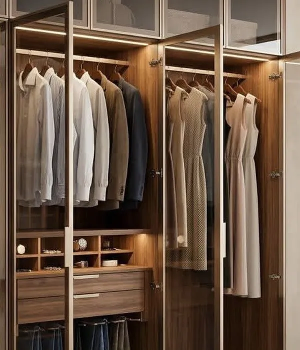 Design render detail: walnut wardrobe with lit hanging rails and drawers